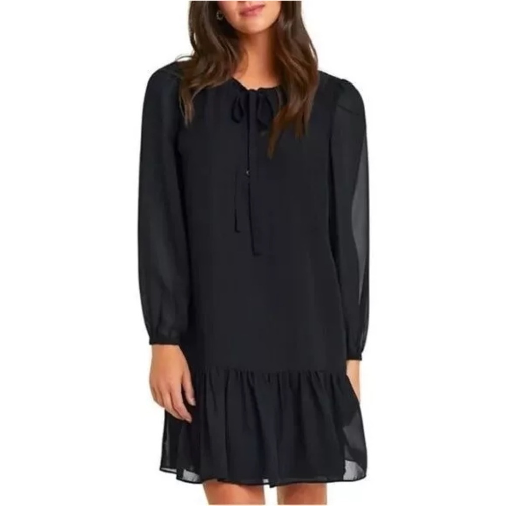 Draper James Ladies Tie Neck Flounce Shift chiffon Long Sleeve Mini Dress xL Blk